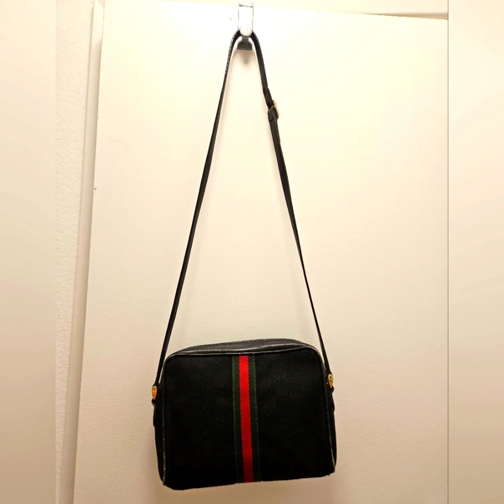 Gucci Vintage Accessory Collection Black GG Monogram Sherry Stripe Crossbody Bag - Picture 3 of 15